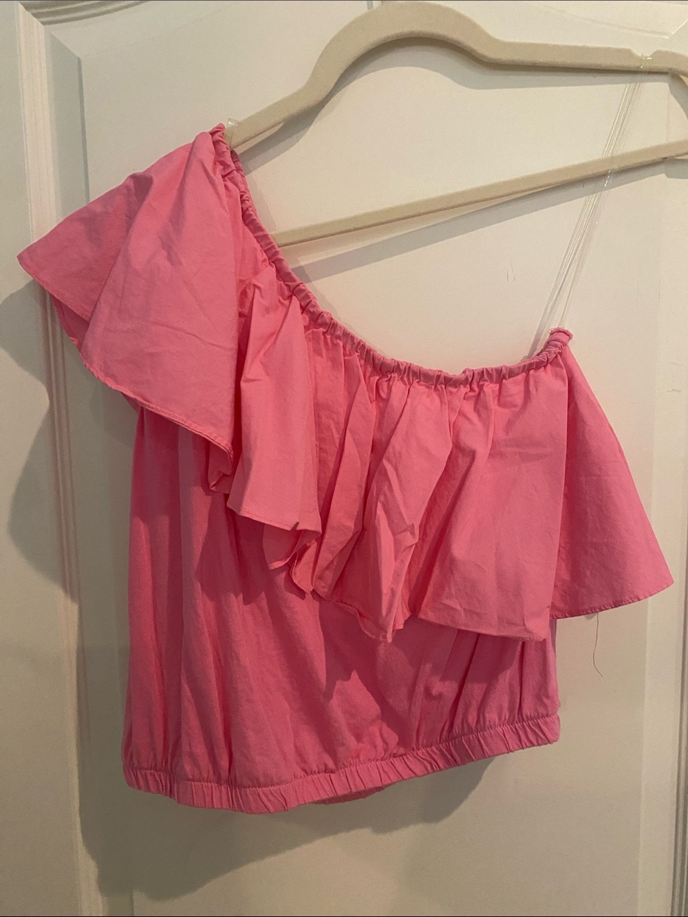 a new day Pink One-Shoulder Ruffle Crop Top with Elastic Hem
